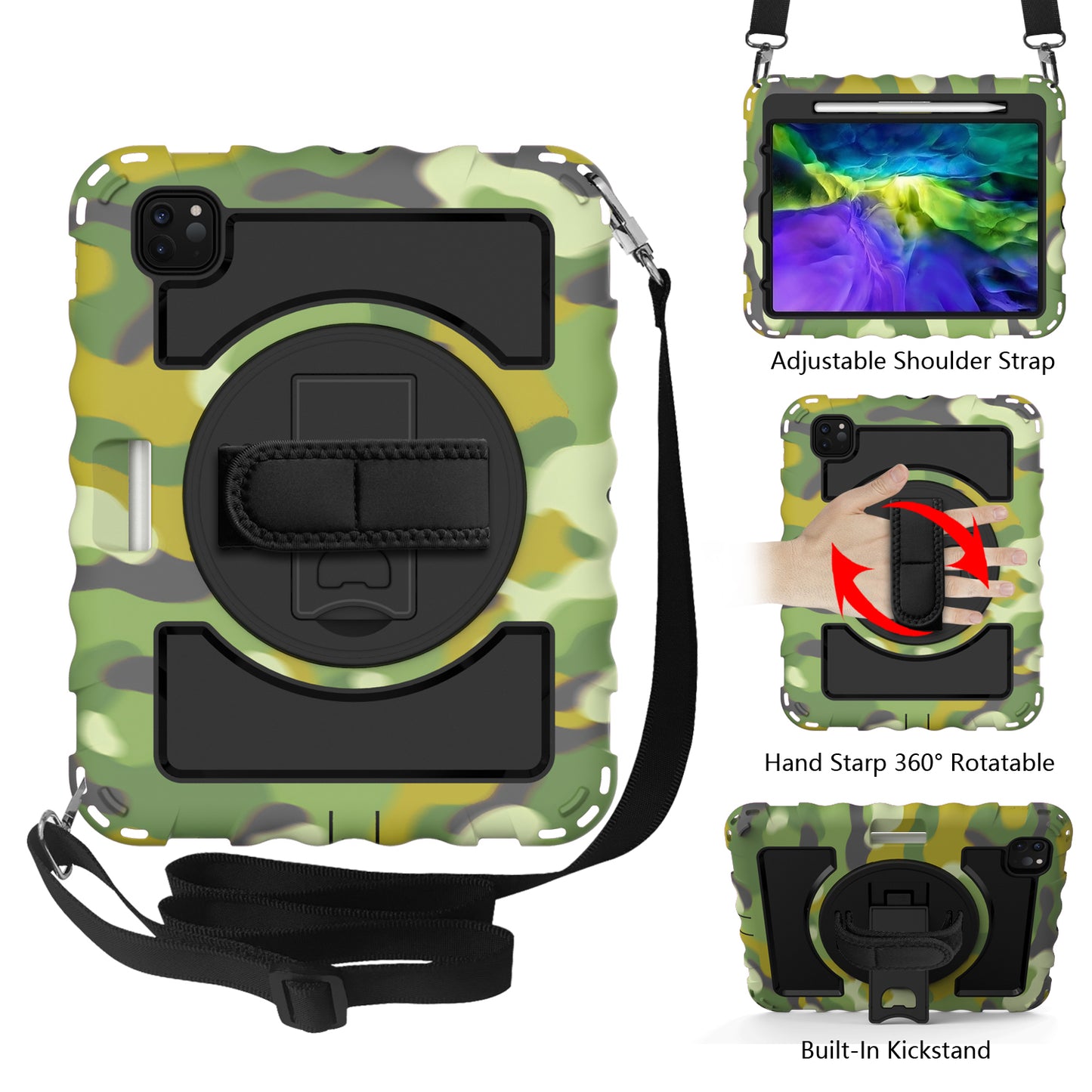 Tablet Case for Apple New iPad (9.7 inch), iPad 6th/5th Gen 2018 2017 360 Rotating Back Hybrid Heavy Duty Kickstand Hand Strap Shoulder Strap Full Body Drop Protection Cover Camouflage