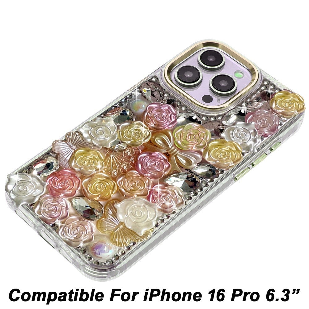 Phone Case for Apple iPhone 16 Pro 3D Flower Bling Rhinestone Glitter Cute Stylish Shockproof Protective Decorative Luxury Grip Stones Ornaments Cover