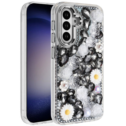For Samsung Galaxy S23 Fashion Daisy Floral Series, Full 3D Bling Crystal Diamonds Sparkling Rhinestone Glitter Hybrid Design Case Cover Black