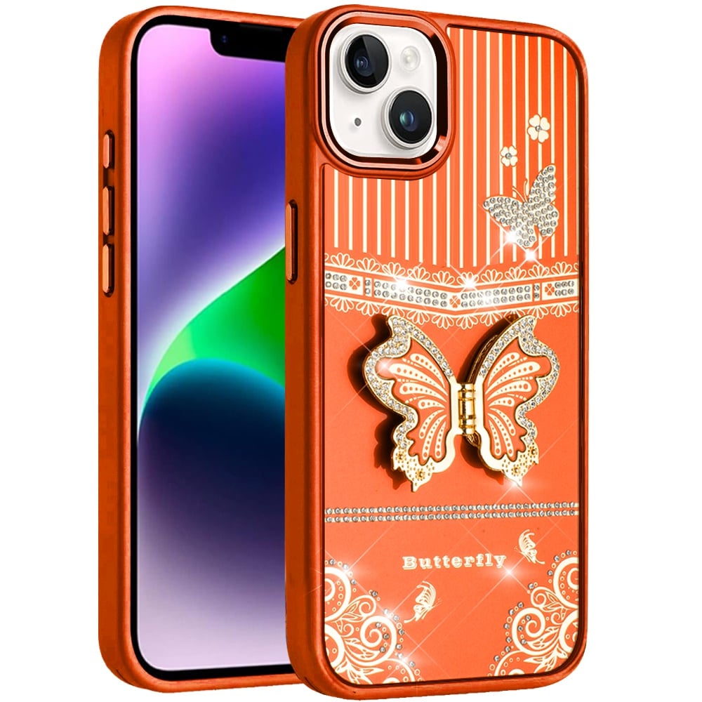 Phone Case for iPhone 14/13 (6.1") Glitter Bling Butterfly Stand Metallic Edge Hybrid Shockproof Grip Durable Camera Protection Stylish Design Cover Cosmic Orange