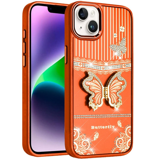 Phone Case for iPhone 14/13 (6.1") Glitter Bling Butterfly Stand Metallic Edge Hybrid Shockproof Grip Durable Camera Protection Stylish Design Cover Cosmic Orange