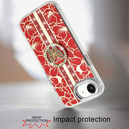 For Apple iPhone 16e Diamonds 3D Butterfly Floral Design Bling Sparkly Glitter Hybrid Metal Fashion with Ring Stand Case Cover