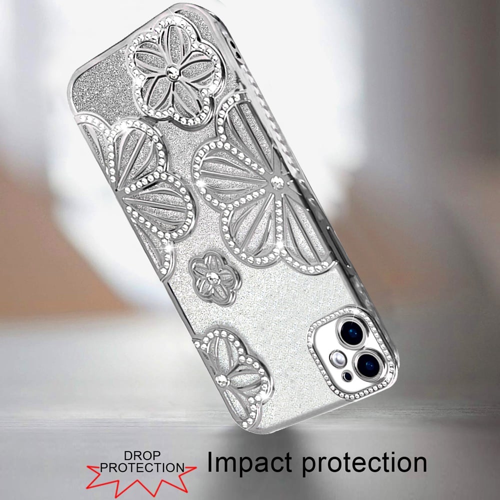 Phone Case for Apple iPhone 11 Shimmer Glitter Floral Thick TPU Shockproof Durable Grip Camera Protection Anti-Scratch Stylish Design Cover Silver
