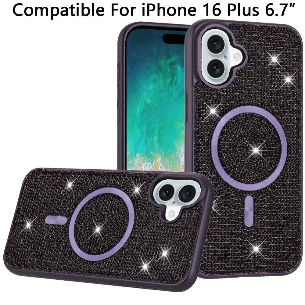 Phone Case for Apple iPhone 16 Plus Magnetic Bling Diamond Sparkle Hybrid Shockproof Rugged Grip Durable Protection Anti-Slip Armor Design Cover