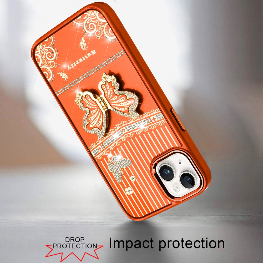 For iPhone 15 Plus (6.7") Glitter 3D Butterfly Design Bling Metallic Edge Hybrid Stand Drop Protection TPU Shockproof Case Cover Cosmic Orange