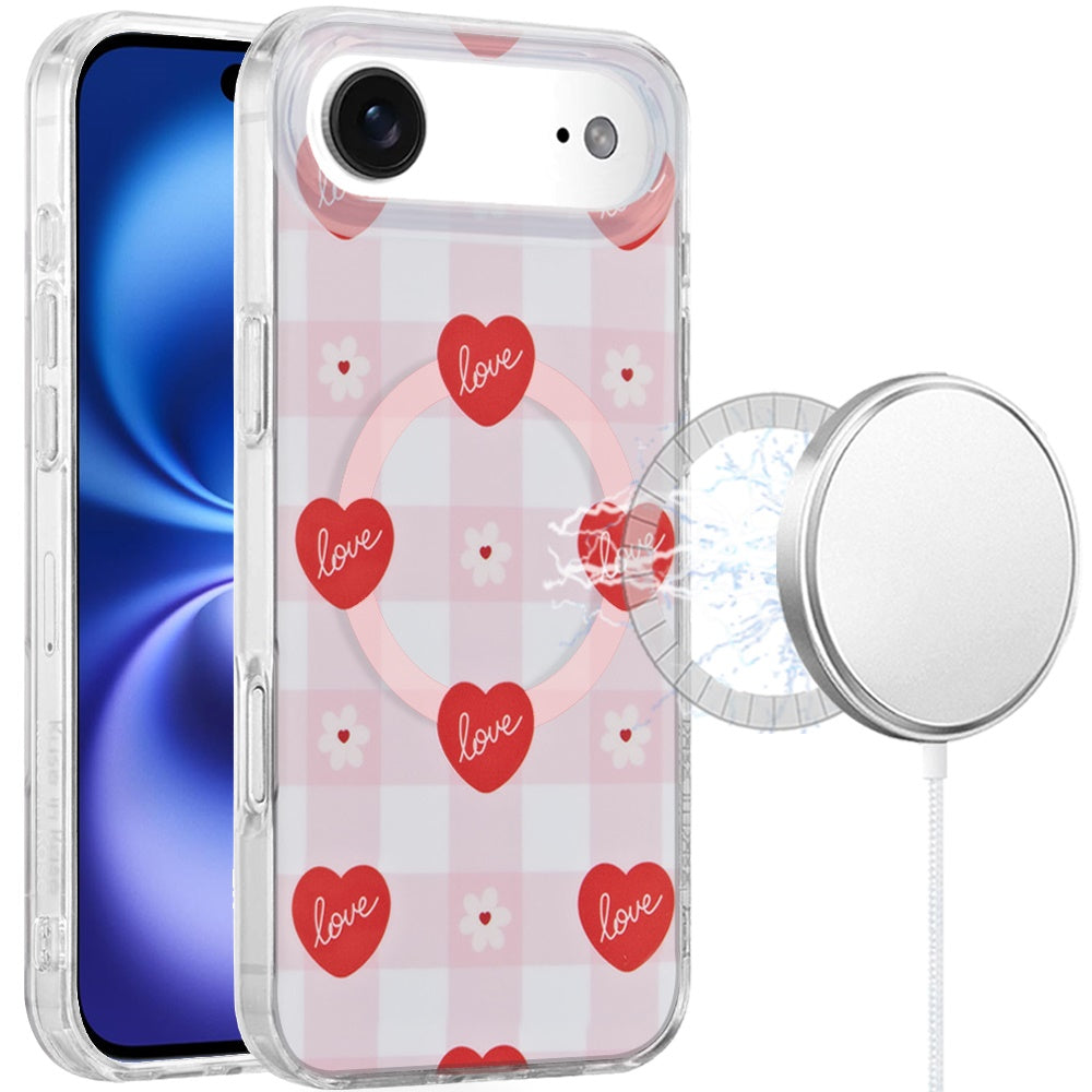 For Apple iPhone 17 Stylish Pattern Fashion IMD Printed Design TPU Double Layer Slim Shockproof with Magnetic Back Case Cover Love Hearts