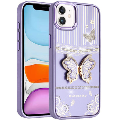 Phone Case for Apple iPhone 11 Glitter Bling Butterfly Stand Metallic Edge Hybrid Shockproof Grip Durable Camera Protection Stylish Design Cover Dark Purple