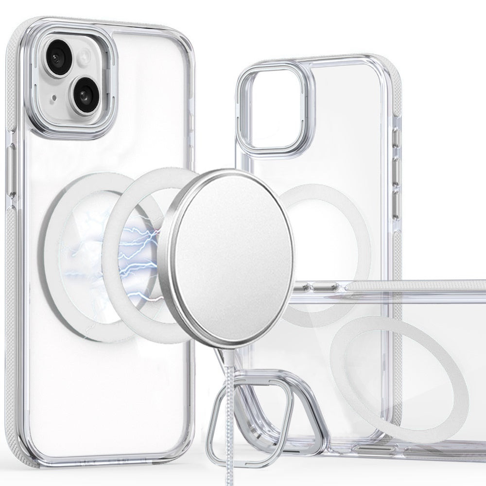 For Apple iPhone 15 Hybrid Clear Back Case with Invisible Camera Bracket Stand, MagSafe Magnetic Circle, Shockproof Color Frame Case Cover