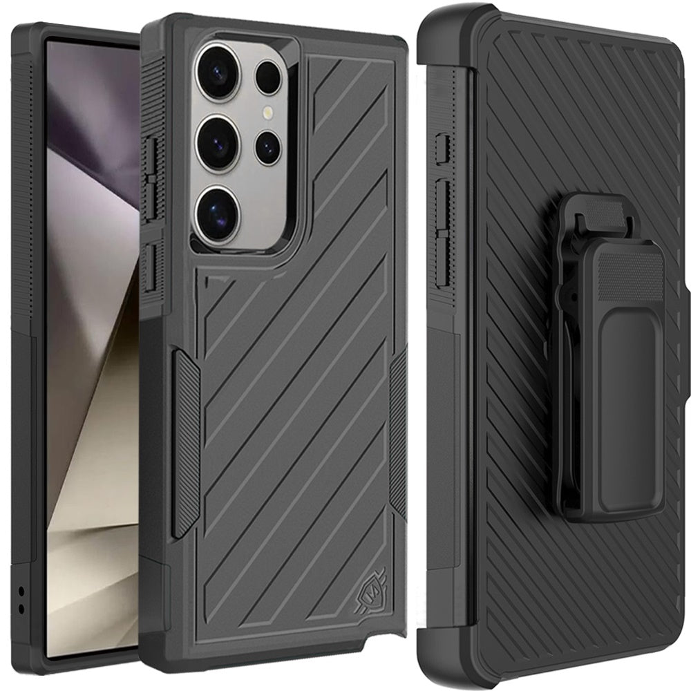 For Samsung Galaxy S25 Ultra Premium Tough Hybrid Case with Belt Clip Holster, Shockproof Rugged Design, Textured 2in1 Non-Slip Case Cover Black