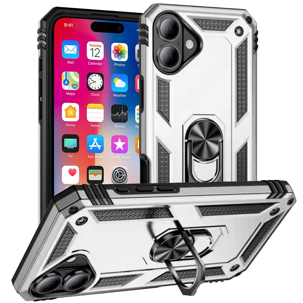 For iPhone 16 (6.1") Hybrid Shockproof Durable 360 Degree Rotatable Ring Stand Holder Kickstand Fit Magnetic Car Mount Case Cover Silver