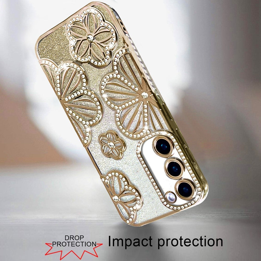 Phone Case for Samsung Galaxy S23 Shimmer Glitter Floral Thick TPU Shockproof Durable Grip Camera Protection Anti-Scratch Stylish Design Cover Gold