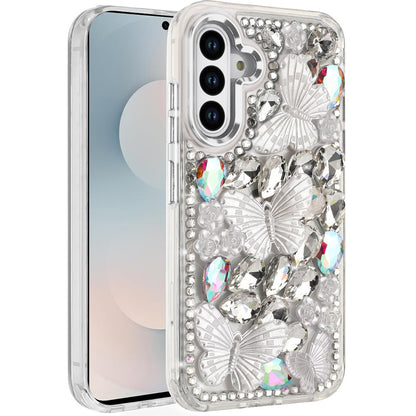 For Samsung Galaxy S26 Ultra 3D Diamond Floral Butterfly Bling Stone Hybrid, Sparkly Rhinestone Gemstone Back Shockproof Case Cover