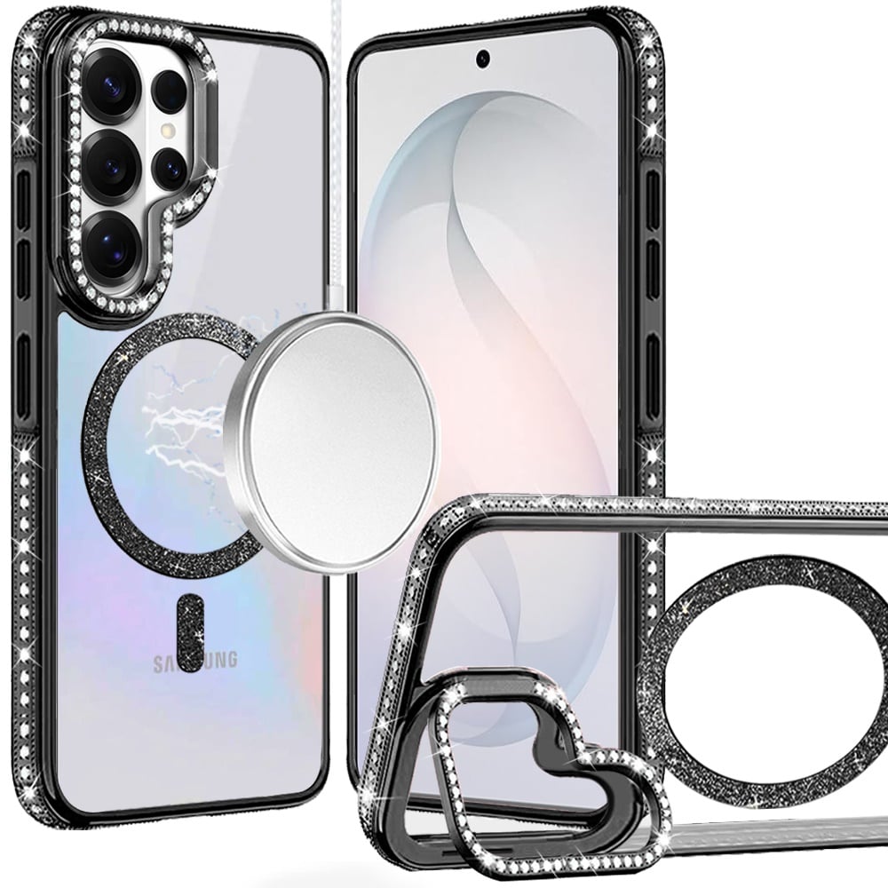 Phone Case for Samsung Galaxy S26 Ultra Luxury Diamond Bling Edged Magnetic Glitter Shockproof Hybrid with Camera Kickstand Durable Grip Cover