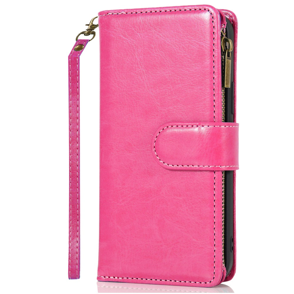 Phone Case for Samsung Galaxy S26 Ultra Luxury Leather Wallet Card Holder Zipper Pocket Money Storage Protective Grip Design with Strap Cover Pink