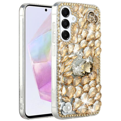 Phone Case for Samsung Galaxy A56 / A36 Luxury Full Diamond Glitter 3D Floral Ornament Hybrid Shockproof Stylish Rhinestone Designer Protective Elegant Cover Gold Swan Crown Pearl