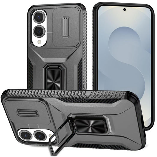 For Samsung Galaxy S25 EDGE Case, Camera Cover with Magnetic Rotation Ring Stand, Military Grade Hybrid Hard TPU Shockproof Case Cover Gray