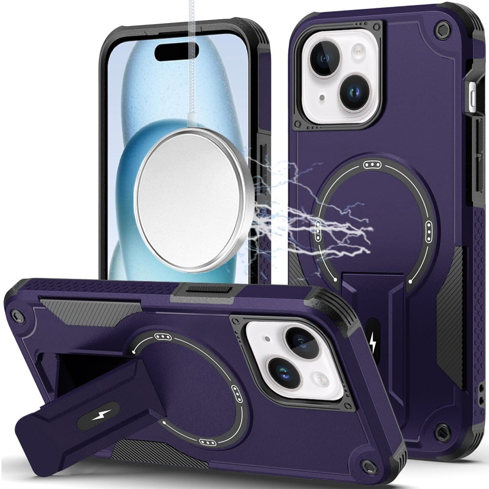 Phone Case for iPhone 15 Plus Magnetic Kickstand Rugged Shockproof Armor Grip Anti Slip Heavy Duty Protective Matte Stand Hybrid Cover Purple