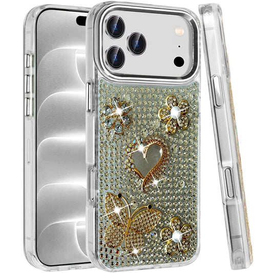 Phone Case for Apple iPhone 18 Pro/ iPhone 17 Pro Luxury Crystal Butterfly Floral Jeweled Heart Full Diamond Design, Sparkling Decorative Details, Elegant Style Cover Silver