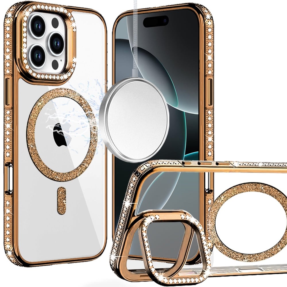 Phone Case for Apple iPhone 16 Pro Max Luxury Diamond Bling Edged Magnetic Glitter Shockproof Hybrid with Camera Kickstand Durable Grip Cover Gold