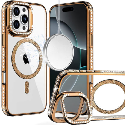 Phone Case for Apple iPhone 16 Pro Max Luxury Diamond Bling Edged Magnetic Glitter Shockproof Hybrid with Camera Kickstand Durable Grip Cover Gold