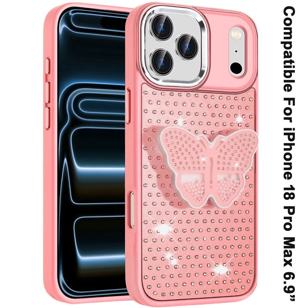 Phone Case for Apple iPhone 18 Pro Max Butterfly Grip Pop Stand Diamond Sparkle Hybrid Shockproof Metal Button Slim Protective Grip Decorative Design Cover