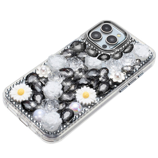 For Apple iPhone 12 Pro Max Fashion Daisy Floral Series, Full 3D Bling Crystal Diamonds Sparkling Rhinestone Glitter Hybrid Design Case Cover Black