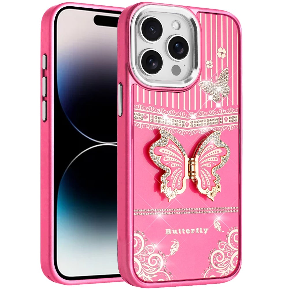Phone Case for iPhone 14 Pro Max Glitter Bling Butterfly Stand Metallic Edge Hybrid Shockproof Grip Durable Camera Protection Stylish Design Cover
