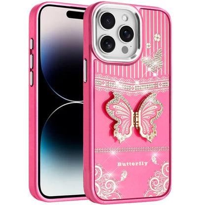 Phone Case for iPhone 14 Pro Max Glitter Bling Butterfly Stand Metallic Edge Hybrid Shockproof Grip Durable Camera Protection Stylish Design Cover