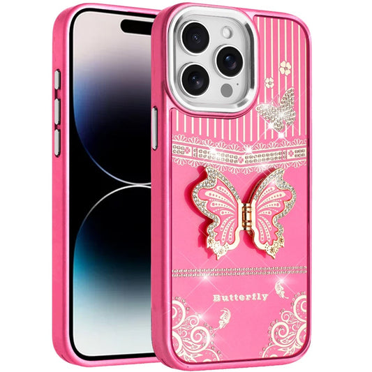 Phone Case for iPhone 14 Pro Max Glitter Bling Butterfly Stand Metallic Edge Hybrid Shockproof Grip Durable Camera Protection Stylish Design Cover