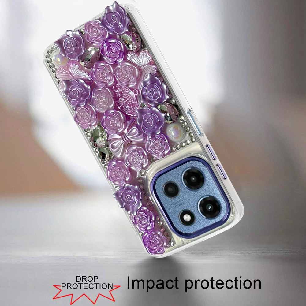 For Samsung Galaxy S26 Ultra 3D Diamond Floral Roses Flower Bling Stone Hybrid, Sparkly Rhinestone Gemstone Back Shockproof Case Cover Purple