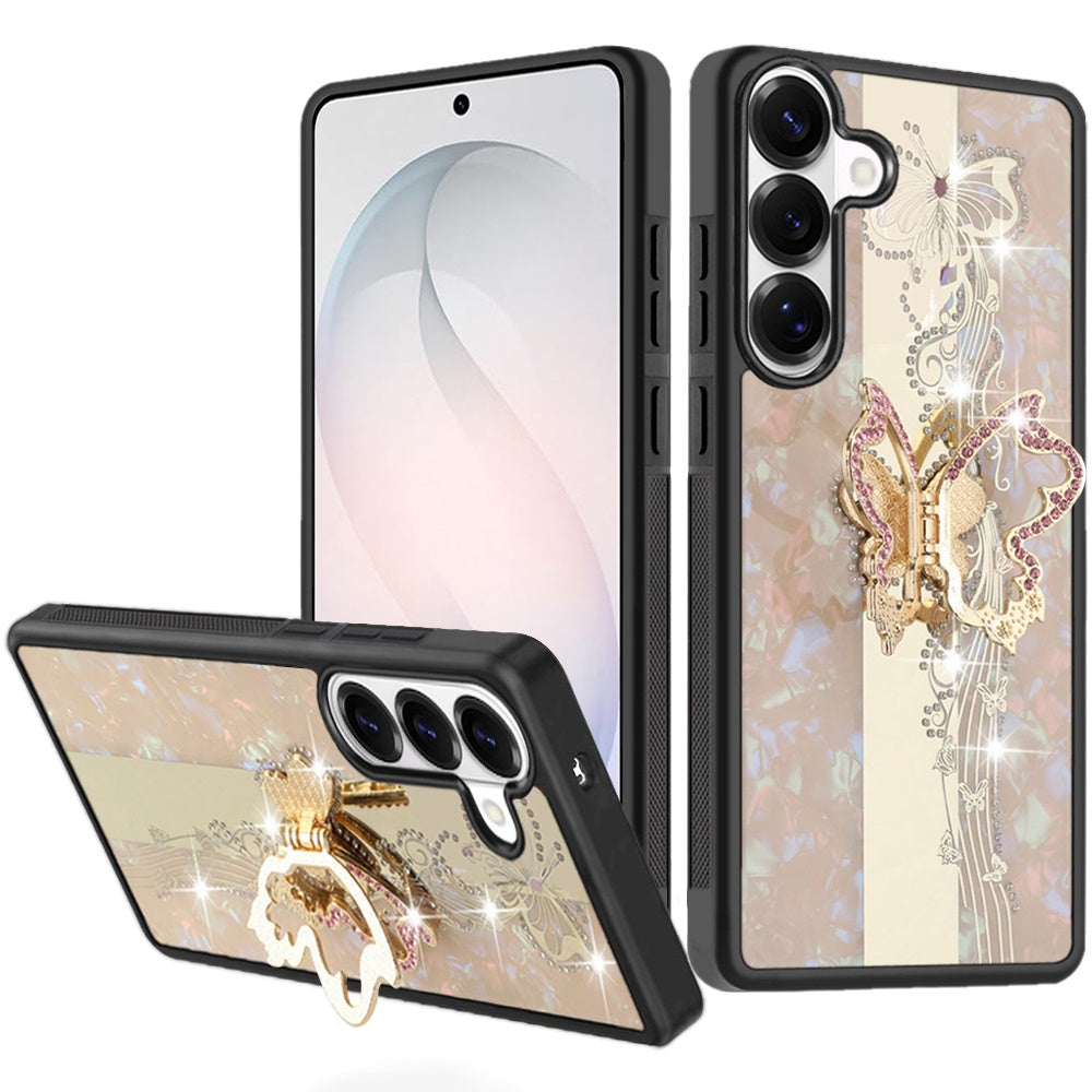 Phone Case for Samsung Galaxy S26 FE /Fan Edition Diamond Glitter Butterfly Engraved Ring Stand Luxury Bling Hybrid Shockproof Chrome Edge Protective Durable Grip Cover