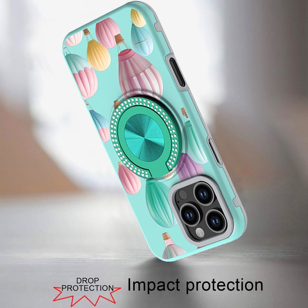 For iPhone 16 Pro Max (6.9") Pattern Design Hybrid with Invisible Ring Stand & Magnetic Back, Shockproof Protective Grip Case Cover
