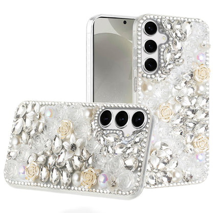 For Samsung Galaxy S26 Fashion Rose Flower Floral, 3D Bling Crystal Full Diamonds Pearl Sparkle Rhinestone Glitter Hybrid Case Cover