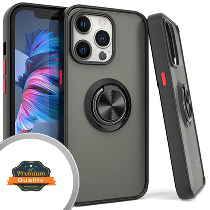 For Apple iPhone 15 Pro Max (6.7") Finger Ring Stand Holder Kickstand Hybrid Frosted Matte TPU Frame Shock-Absorption  Phone Case Cover