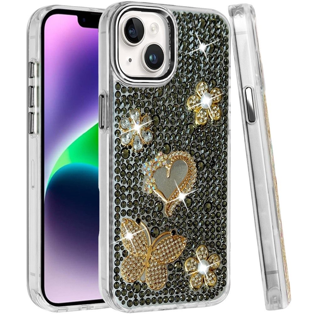 Phone Case for Apple iPhone 14/ iPhone 13 Luxury Crystal Butterfly Floral Jeweled Heart Full Diamond Design, Sparkling Decorative Details, Elegant Style Cover Black