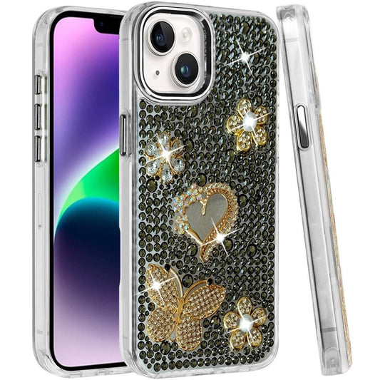 Phone Case for Apple iPhone 14/ iPhone 13 Luxury Crystal Butterfly Floral Jeweled Heart Full Diamond Design, Sparkling Decorative Details, Elegant Style Cover Black