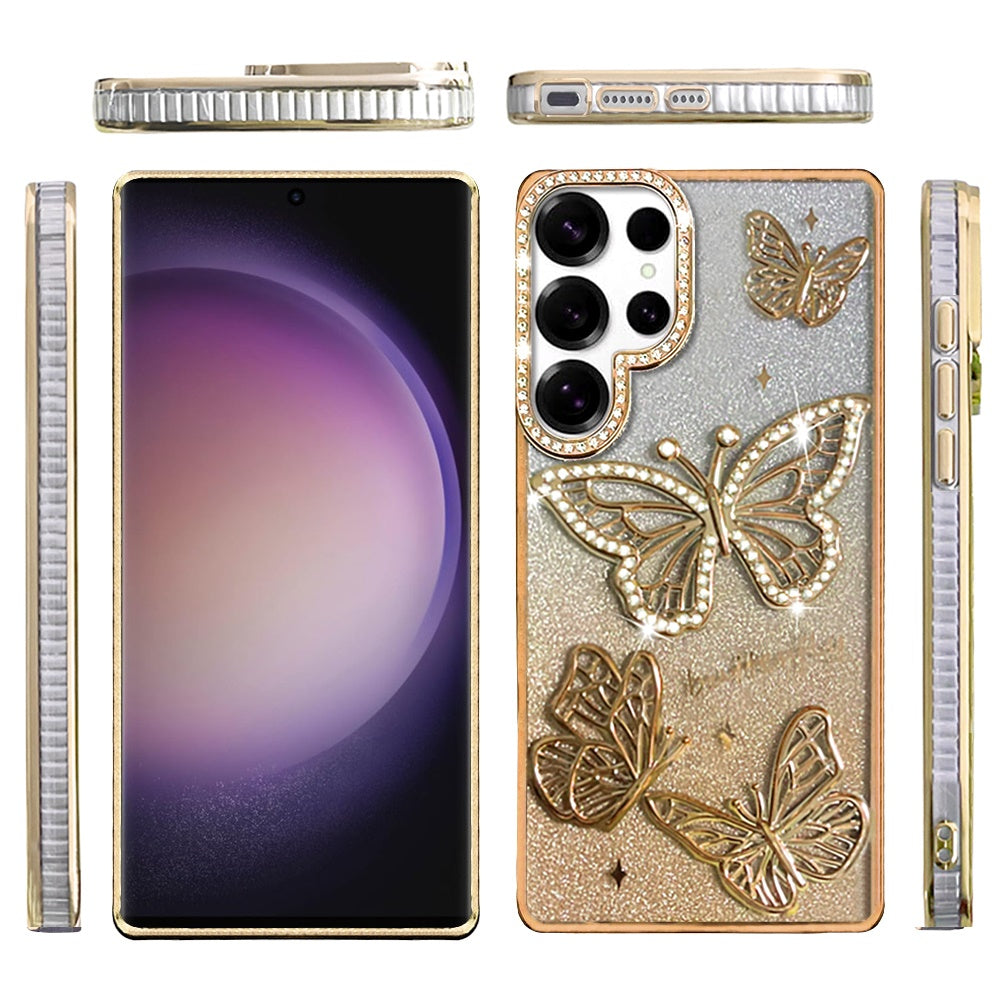 Phone Case for Samsung Galaxy S23 Ultra Butterfly Freedom Shimmer Glitter Thick TPU Shockproof Anti Slip Durable Protective Design Cover