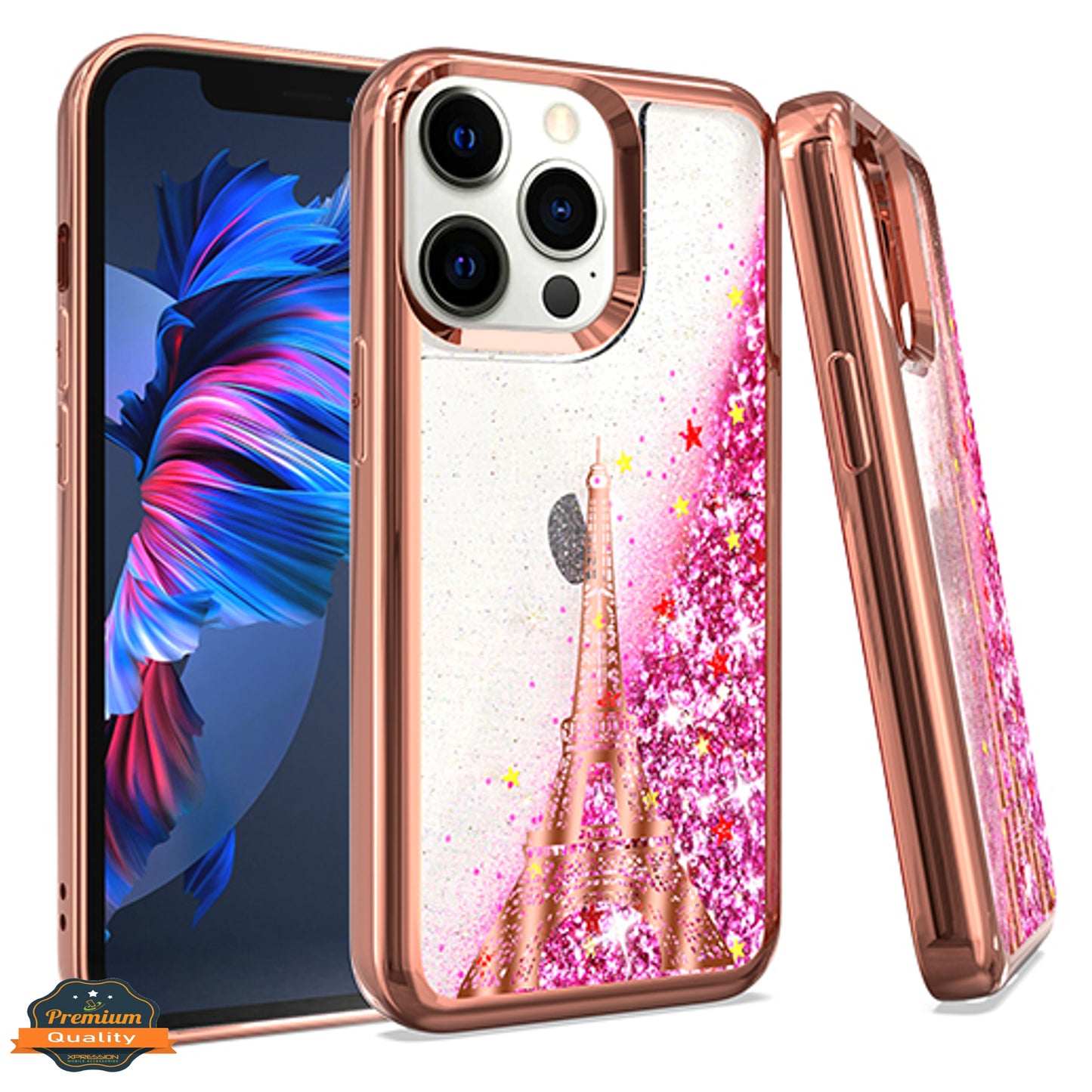 For Apple iPhone 15 (6.1") Quicksand Liquid Glitter Bling Flowing Sparkle Fashion Hybrid TPU and Chrome Plating Hard Paris Eiffel Tower Phone Case Cover