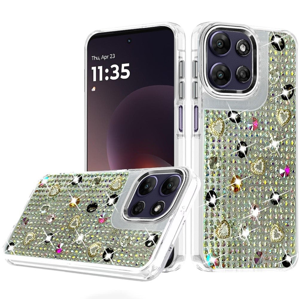 Phone Case for Moto G Power 5G (2026/2025) Chrome Fashion Hybrid Bling Diamond Heart Rhinestone Decorative Stones Sparkling Embellished Design Cover