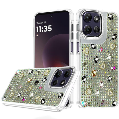 Phone Case for Moto G Power 5G (2026/2025) Chrome Fashion Hybrid Bling Diamond Heart Rhinestone Decorative Stones Sparkling Embellished Design Cover