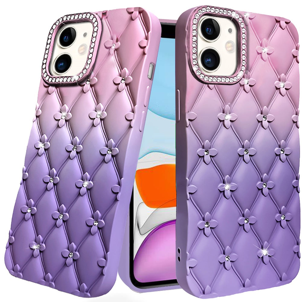For Apple iPhone 11 Fashion Flower Design Sparkle Glitter Shimmer Rhinestone Bling Floral Accents, Leather Texture TPU Case Cover Light Pink /Light Purple