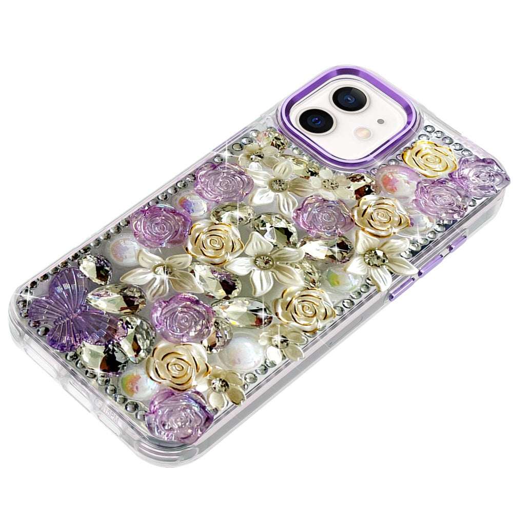 For iPhone 12 / iPhone 12 Pro (6.1") 3D Diamond Floral Roses Flower Bling Stone Hybrid, Sparkly Rhinestone Gemstone Back Shockproof Case Cover Green