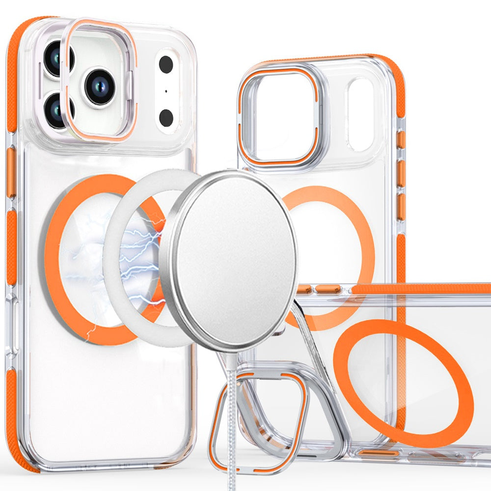 For Apple iPhone 17 Pro (6.3") Hybrid Clear Back Case with Invisible Camera Bracket Stand, MagSafe Magnetic Circle, Shockproof Color Frame Case Cover Cosmic Orange