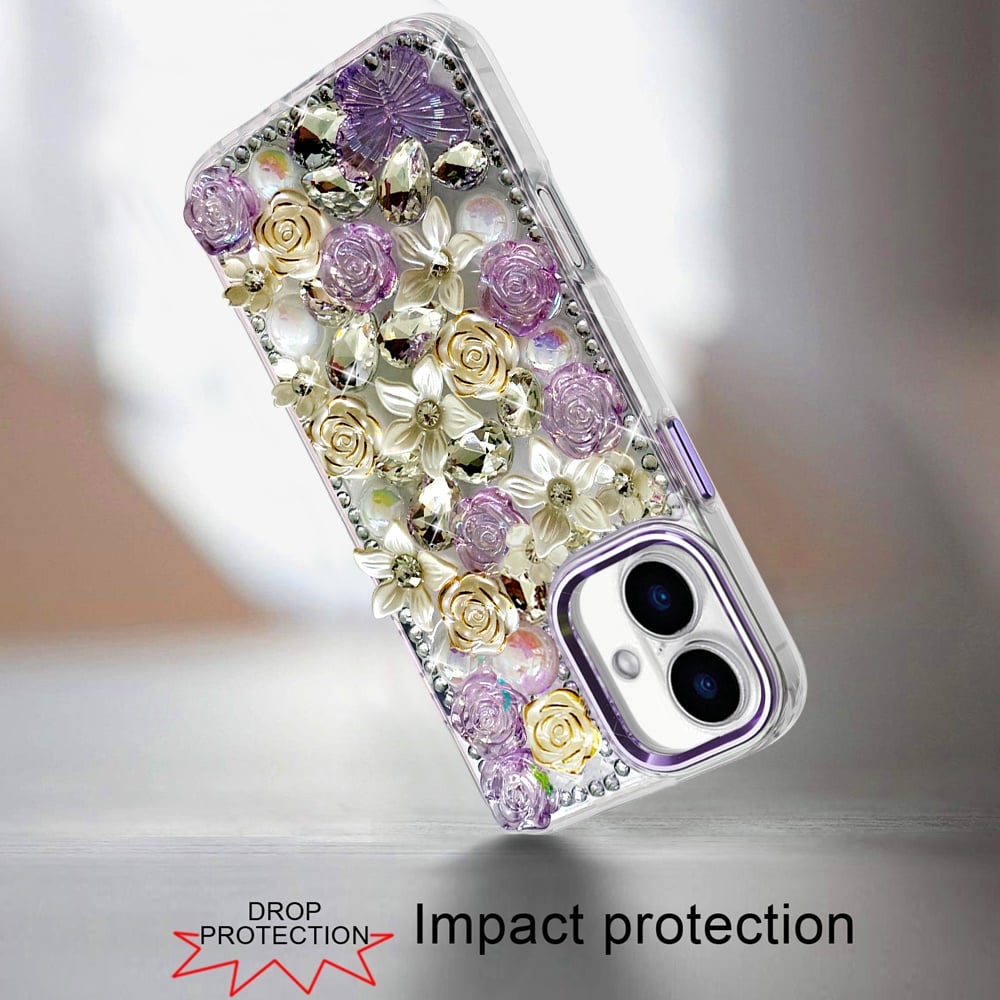 Phone Case for Apple iPhone 17 Luxury Rose Bling Rhinestone Glitter Floral Hybrid Shockproof Stylish Protective Designer Ornament Sparkle Cover Purple