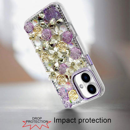 Phone Case for Apple iPhone 17 Luxury Rose Bling Rhinestone Glitter Floral Hybrid Shockproof Stylish Protective Designer Ornament Sparkle Cover Purple