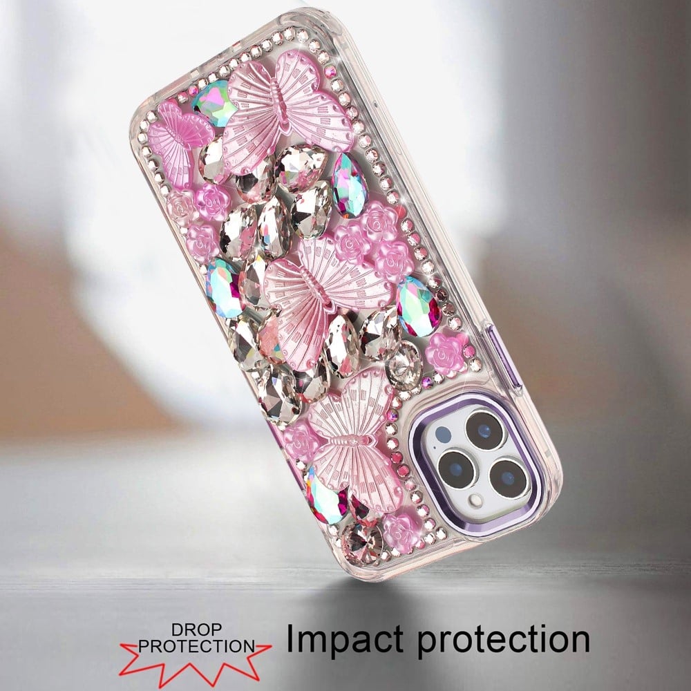 Phone Case for Apple iPhone 12 Pro Max Luxury 3D Floral Butterfly Bling Rhinestone Glitter Shockproof Stylish Protective Hybrid Designer Metallic Cover Purple