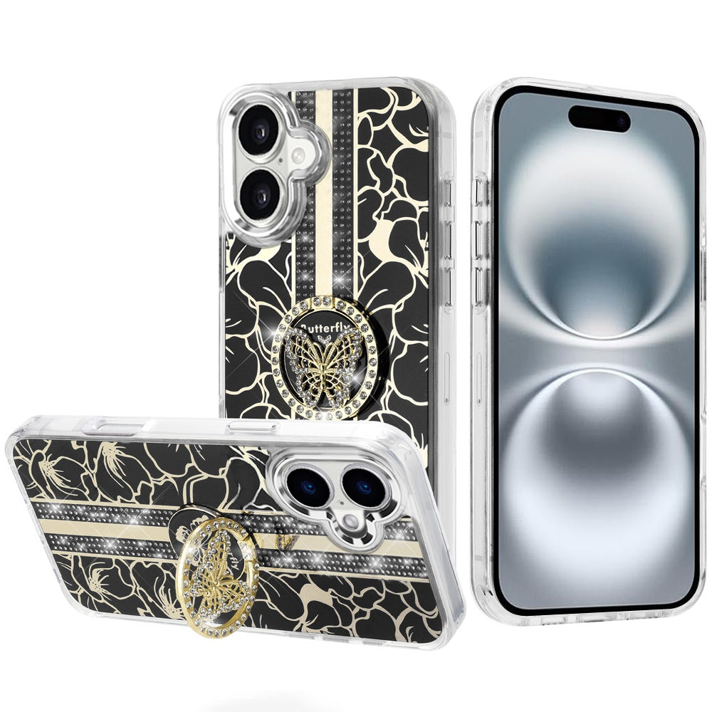 For iPhone 16 (6.1") Diamonds 3D Butterfly Floral Design Bling Sparkly Glitter Hybrid Metal Fashion with Ring Stand Case Cover