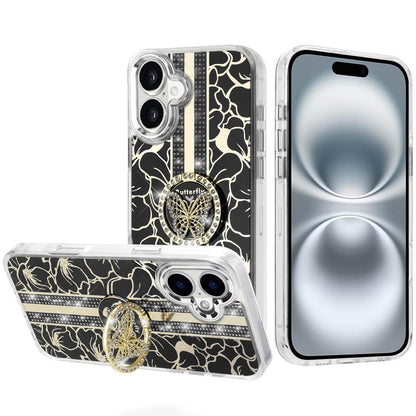For iPhone 16 (6.1") Diamonds 3D Butterfly Floral Design Bling Sparkly Glitter Hybrid Metal Fashion with Ring Stand Case Cover