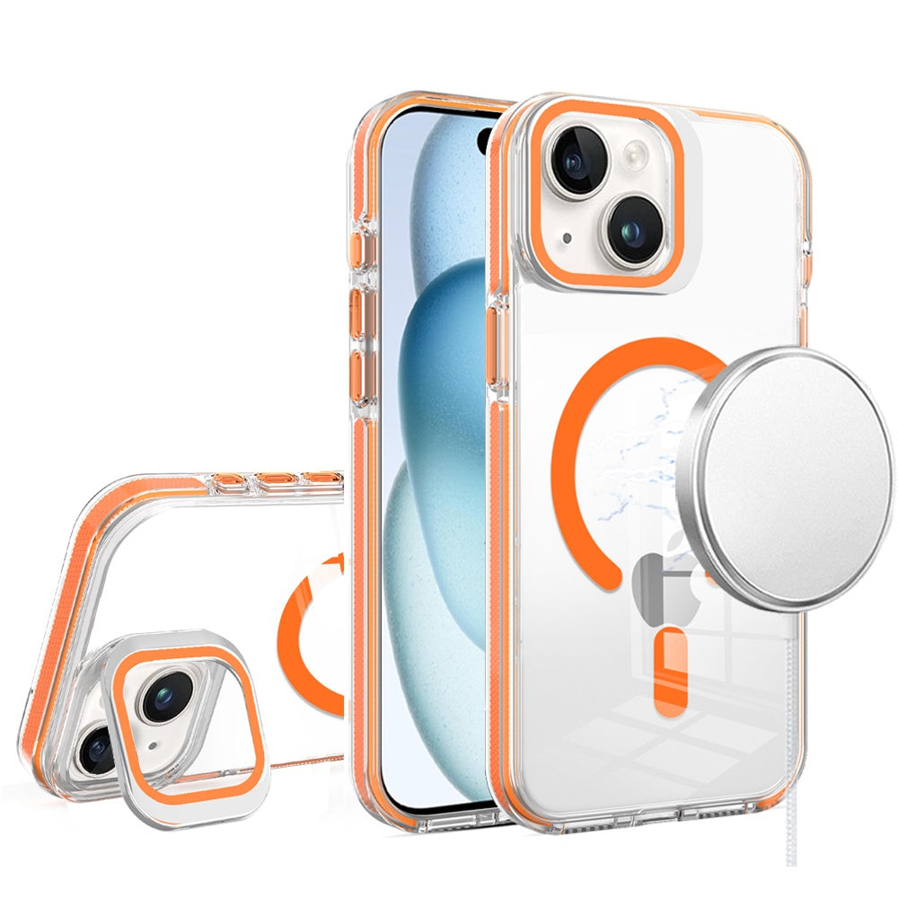Phone Case for iPhone 15 Plus (6.7") Magnetic Transparent Tough Hybrid Camera Guard Stand Shockproof Color Edge Rugged Grip Durable Cover Cosmic Orange