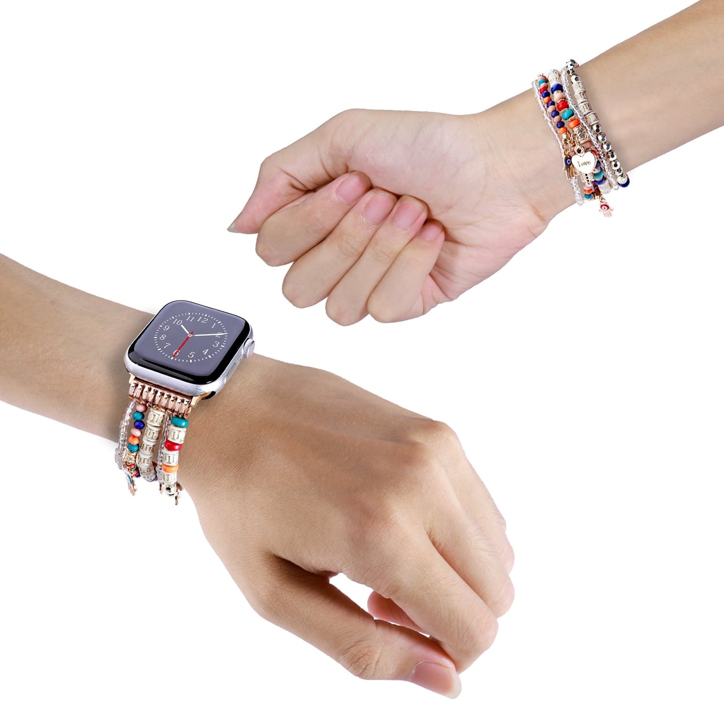 Watch Band Beaded Stretch Bracelet Love Charm Pendant Elastic Comfortable Replacement Strap